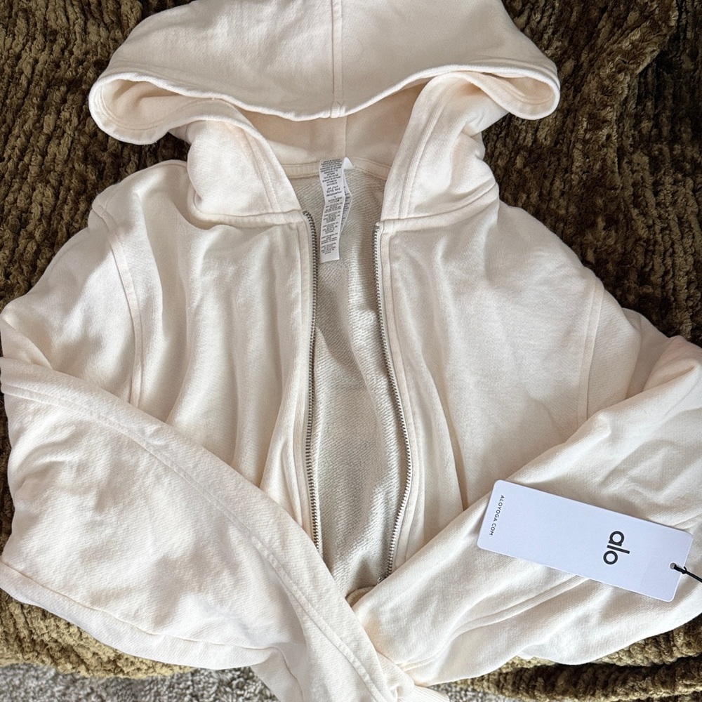Alo XS Cropped Cream Zip-Up Hoodie